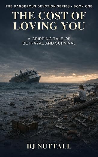Cover of The Cost of Loving You by DJ Nuttall, Dangerous Devotion Series Book One: a woman sits on a stormy shore as a cruise ship sinks in the distance